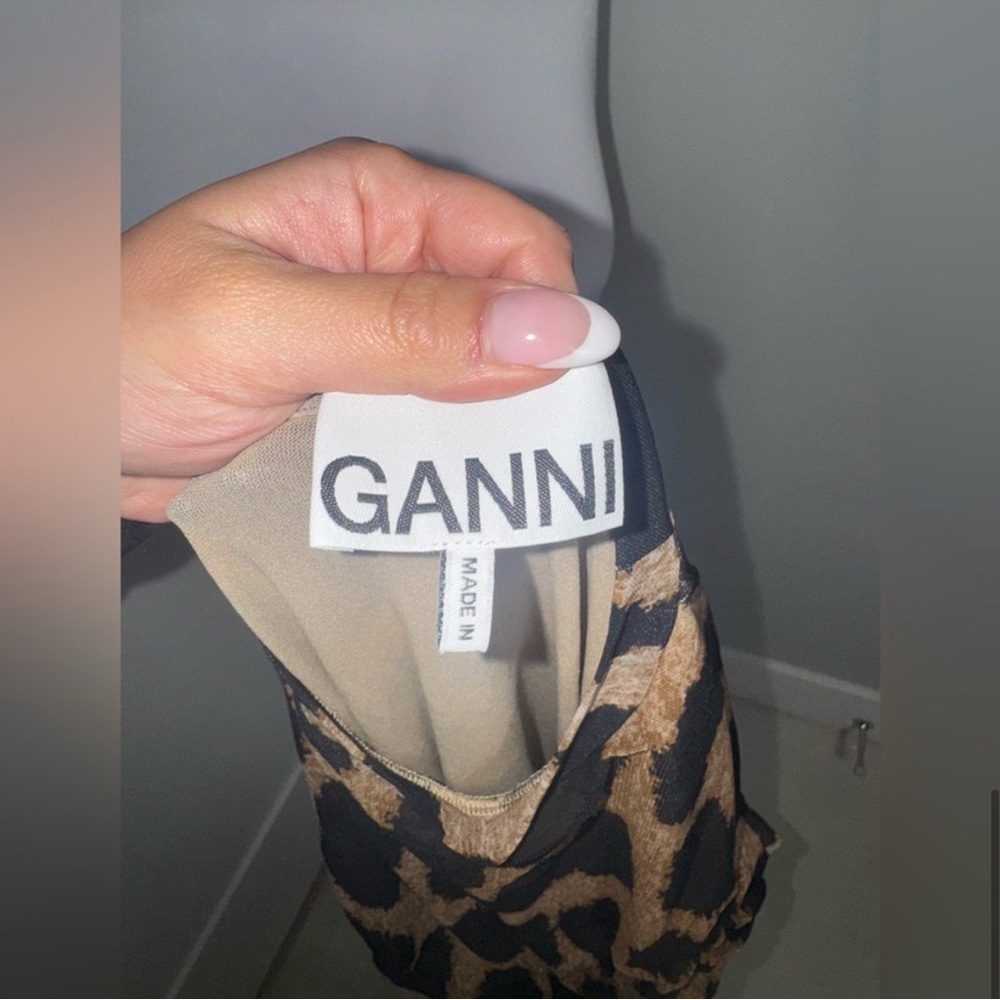 Ganni Ruched Leopard Print Stretch Mesh in Brown/Black/Medium - Picture 7 of 10